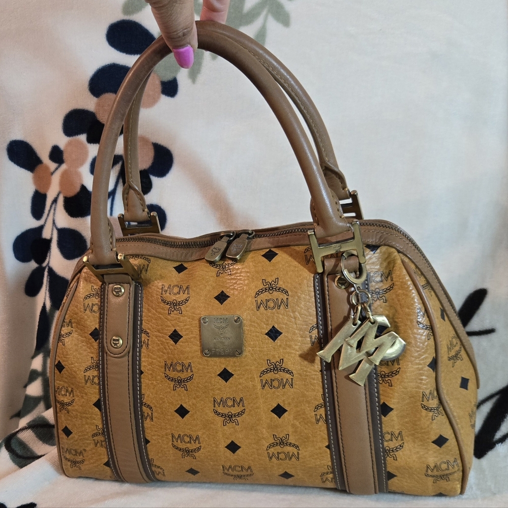 💯 Authentic MCM Cognac Visetos and Leather Top Handle Handbag